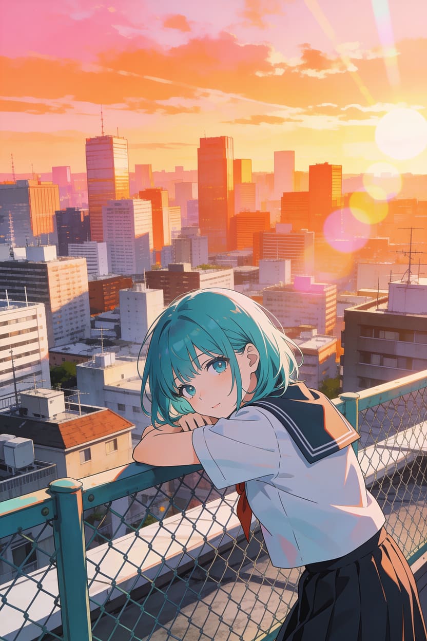 Anime illustration of a girl with teal hair on a rooftop at sunset, city skyline, soft cel shading, lens flare