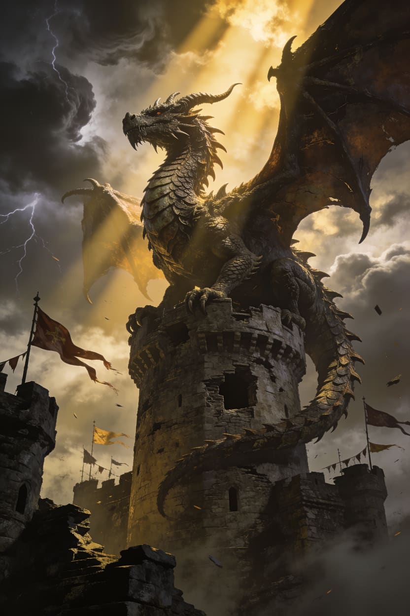 A colossal ancient dragon perched on a ruined castle tower, storm clouds gathering, epic fantasy concept art