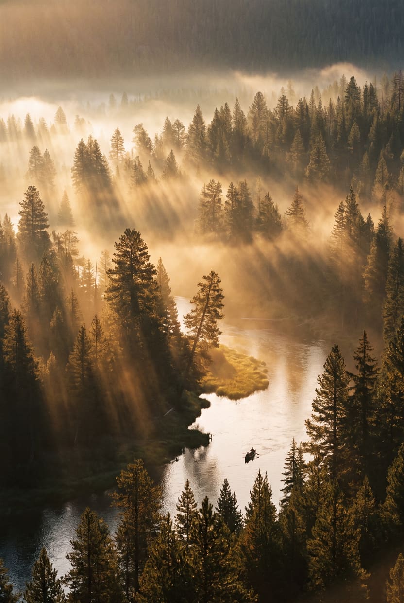 A vast misty pine forest at sunrise, golden god-rays through fog, a winding river, atmospheric landscape photography