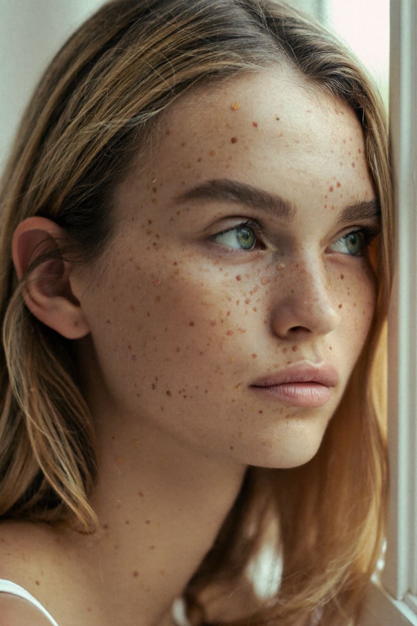 Photorealistic close-up portrait of a young woman with freckles and green eyes, soft window light, 85mm lens